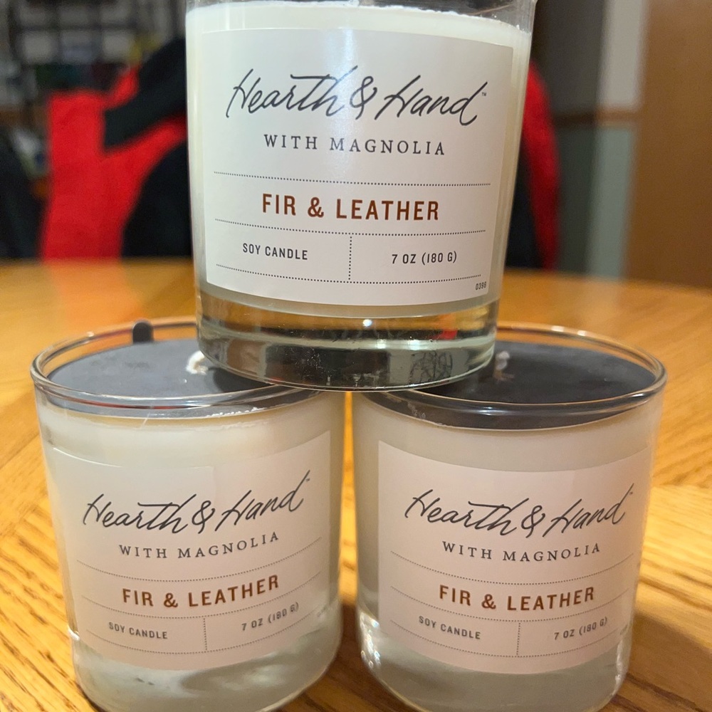 3 - 7oz Fir & Leather Hearth & Hand Candles NEW